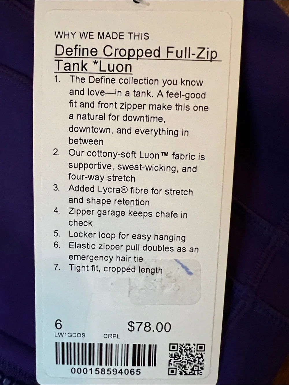 Lululemon Court Purple Define Full Zip Tank Size 10 NWT RARE GEM